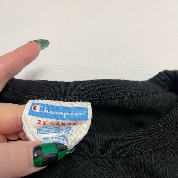 Champion VTG 90s Neon Embroidered Logo Black T-Shirt Size 2X - Picture 3 of 7